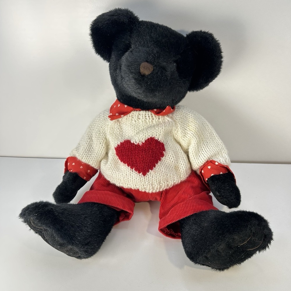 Rare Plush Commonwealth Sitting Black Bear in White Heart Sweater Corduroy Pants